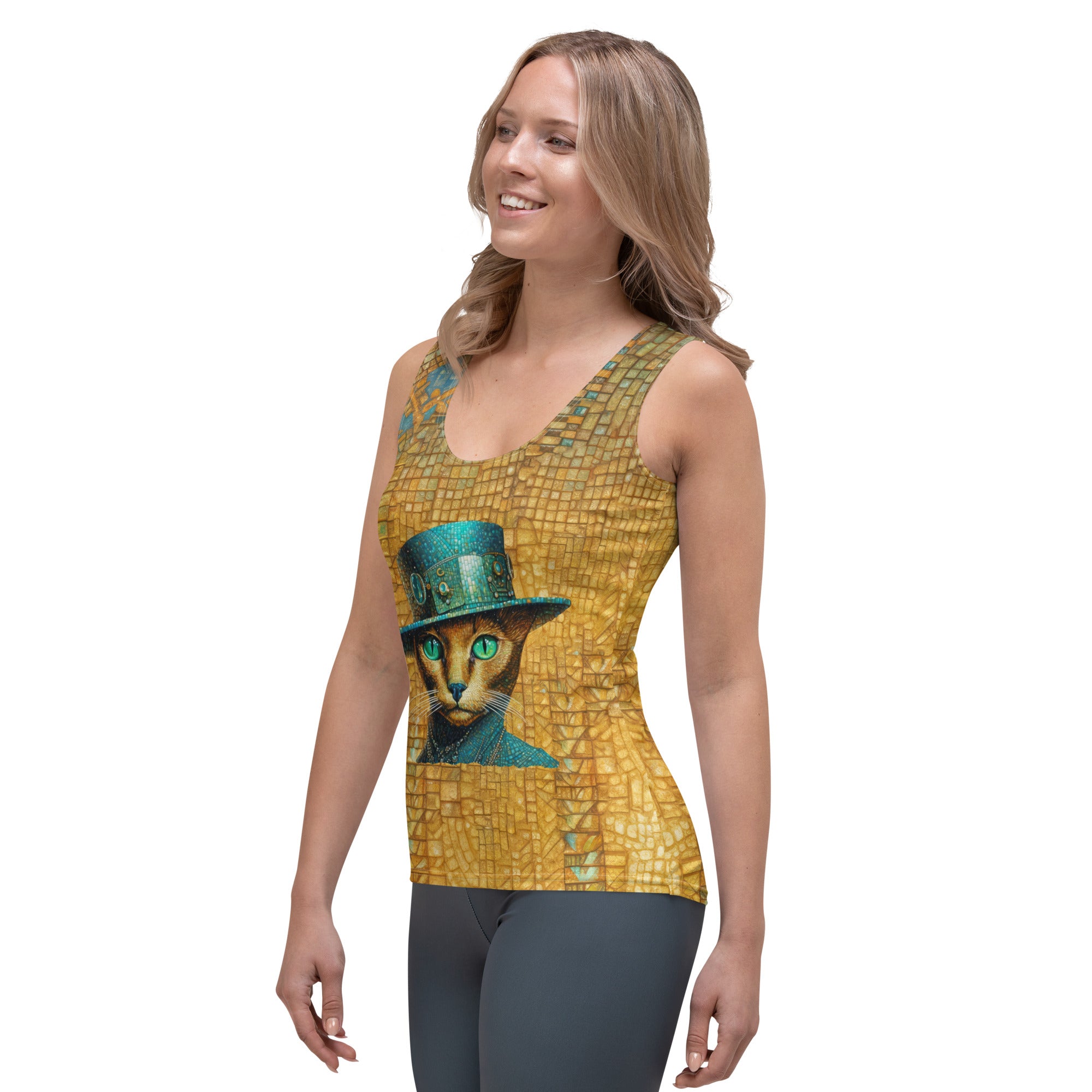 Woman wearing Curious Cats tank top outdoors