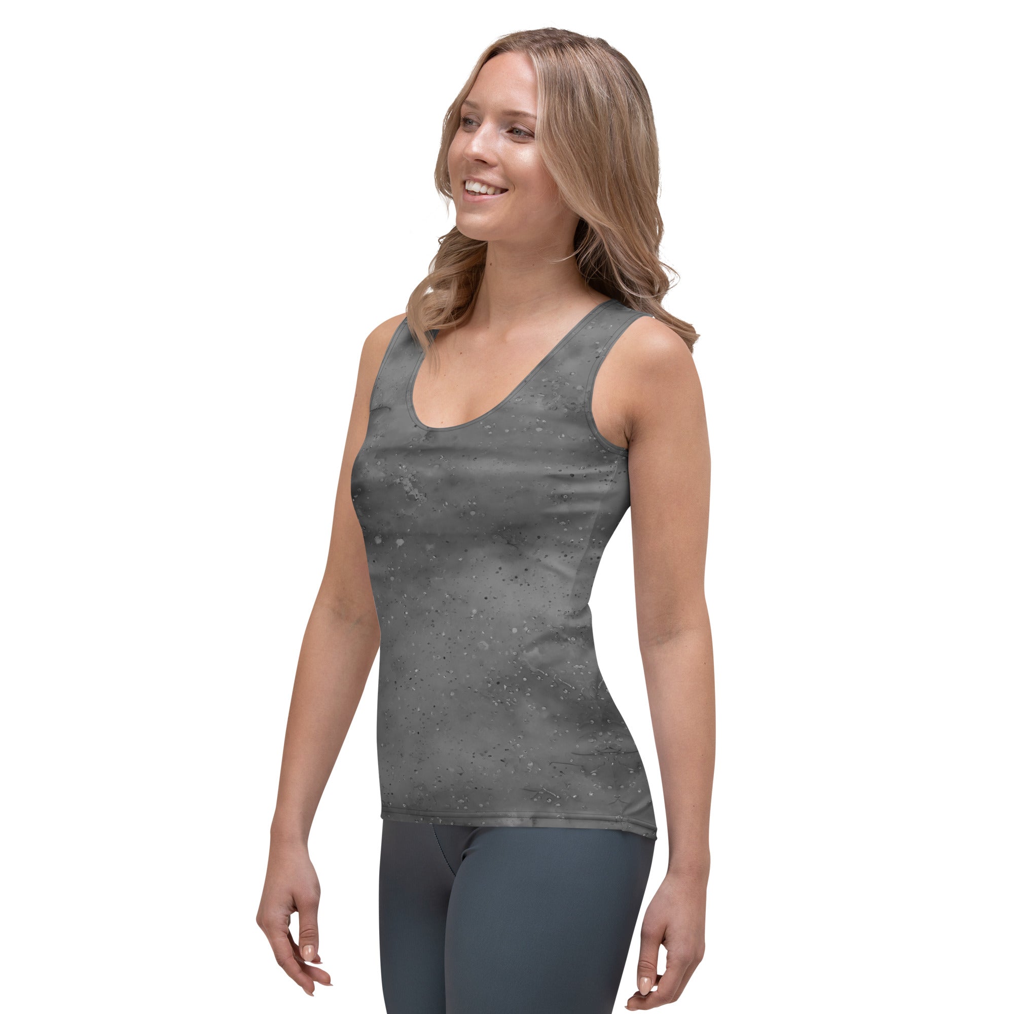 Edgy grease stain pattern on women's stylish tank top.