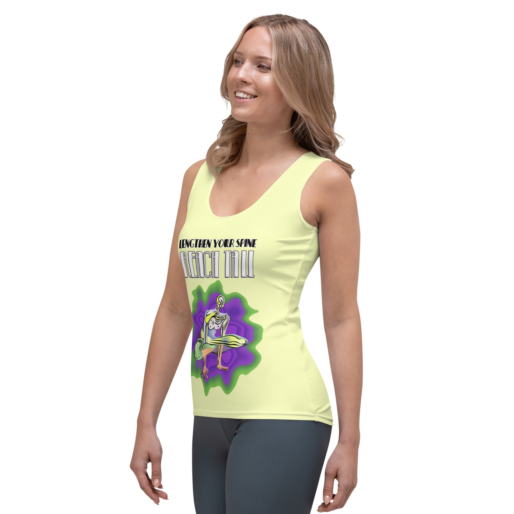 Meditative Muse women's tank top, front and back view on model.