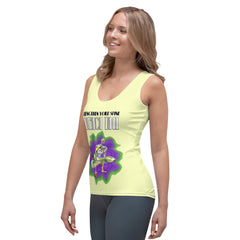 Meditative Muse women's tank top, front and back view on model.