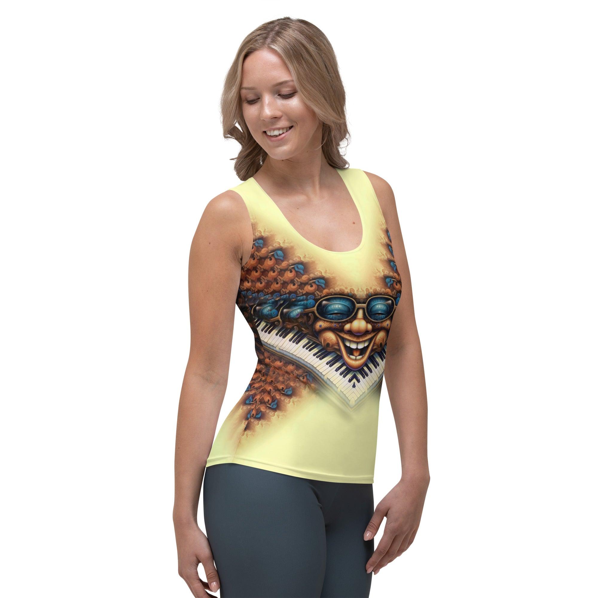 Close Whispering-Wind-III tank top in artistic sublimation print.