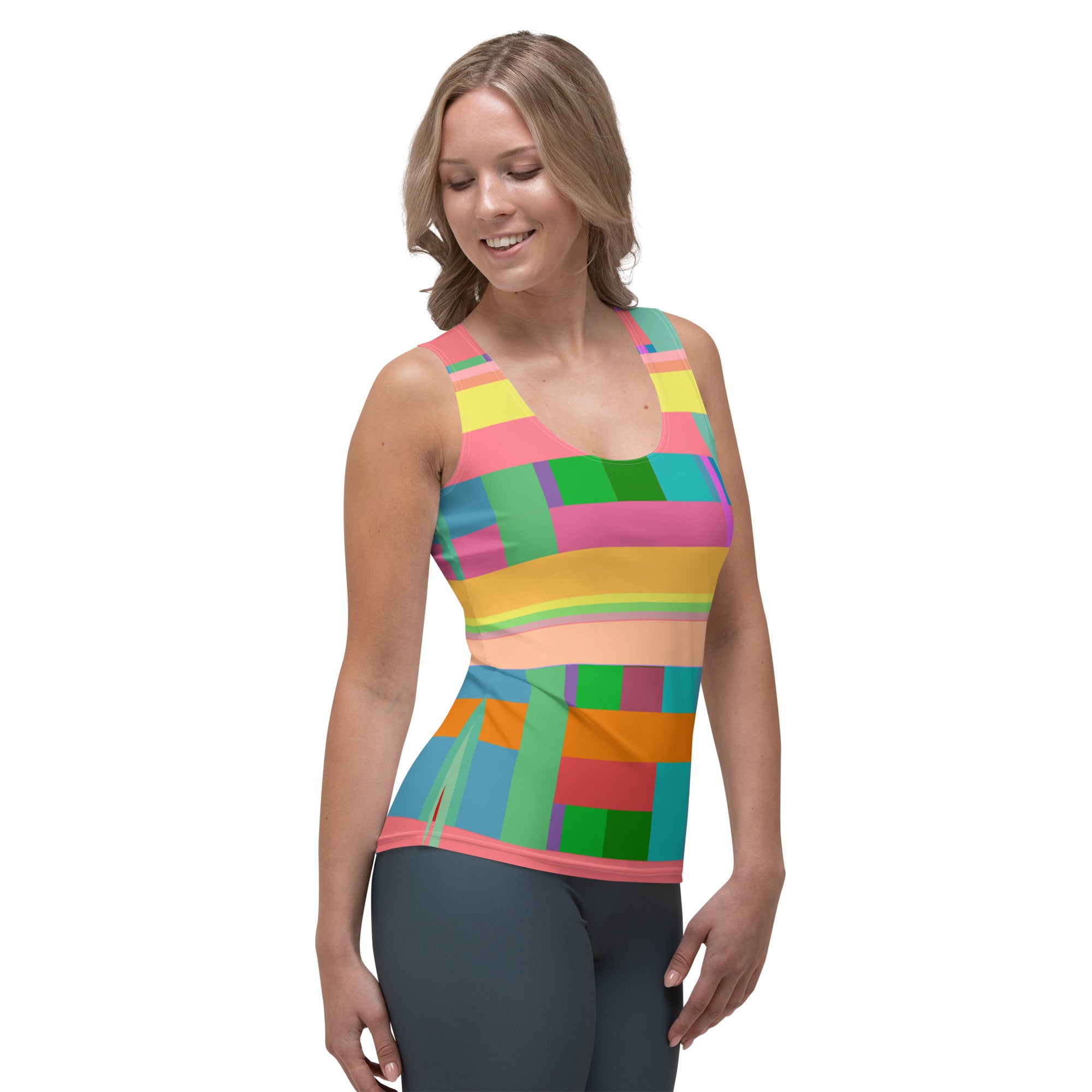 Capture the essence of modern art with every wear in this Prism Fusion Tank Top, designed for the vibrant and spirited woman.