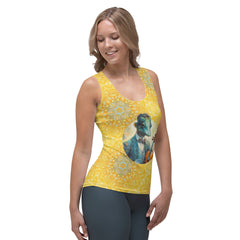 Woman wearing Playful Panda tank top showing back design.