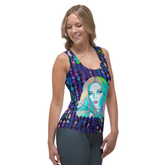 Fashionable woman posing in Whimsical Pop women's tank top, outdoor setting.