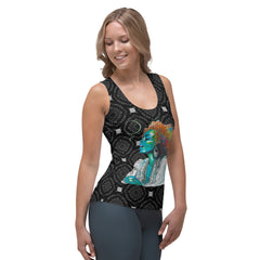 Floral Fusion Women's Tank Top displayed on a clothing rack.