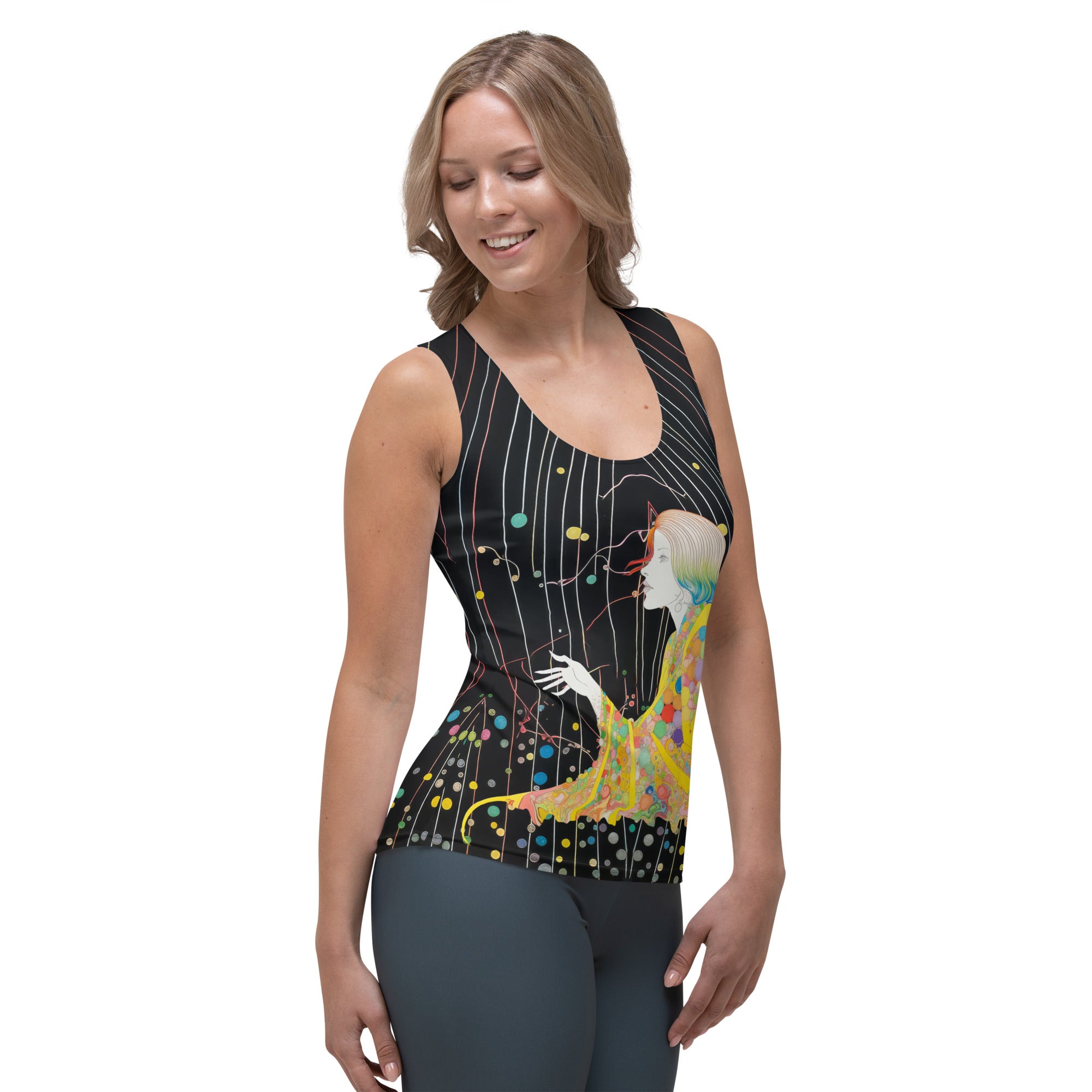Bohemian Blossoms Women's Tank Top displayed on a clothing rack.