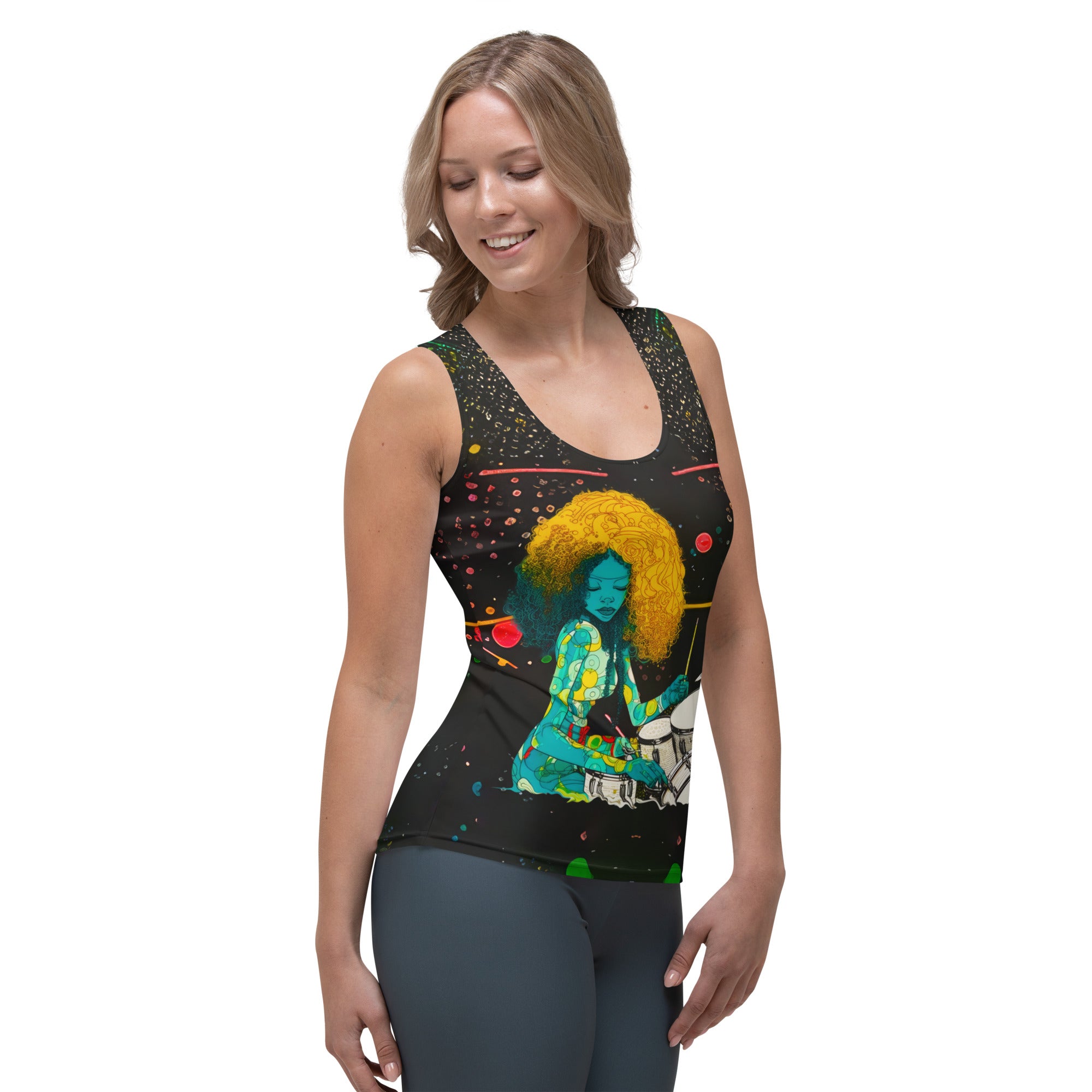 Floral Fantasy Women's Tank Top displayed on a clothing rack.