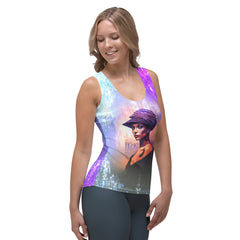 Chic Cascade All-Over Print Women's Tank Top in a stylish outfit.