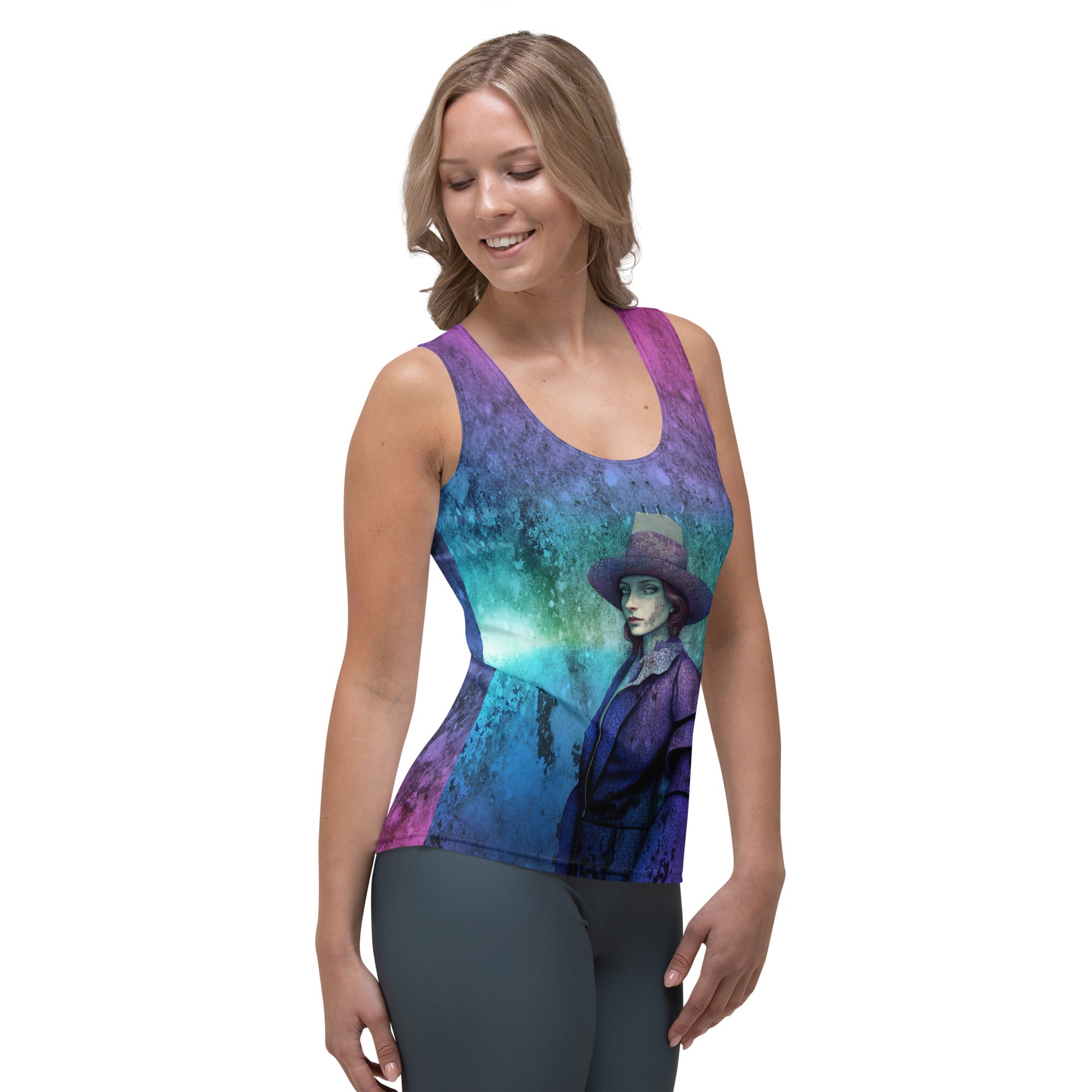 Artistic Aura All-Over Print Tank Top paired with leggings.