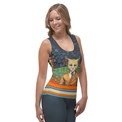 Stylish woman wearing Cat Nap tank top outdoors