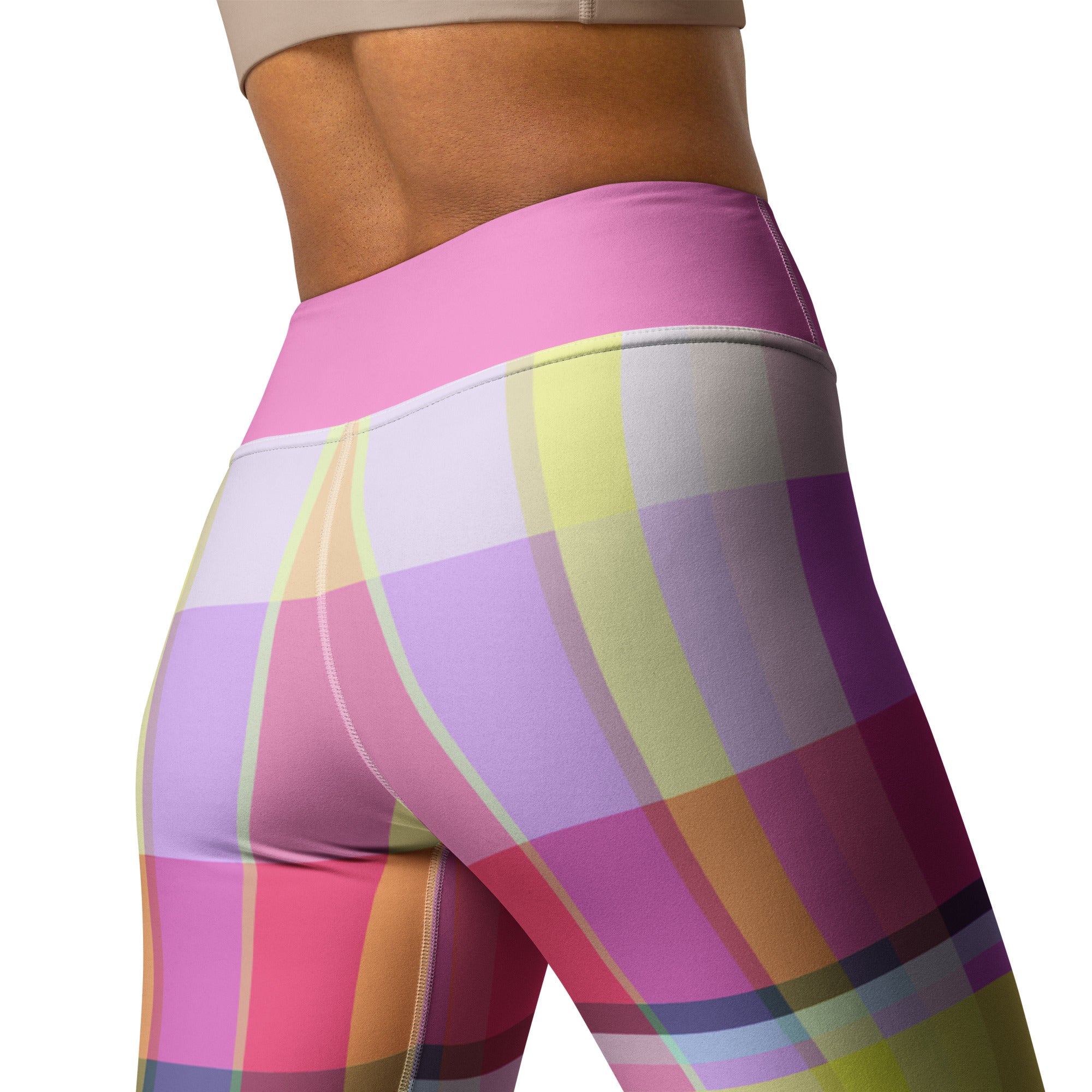 Bright and cheerful yoga leggings with a rainbow spectrum pattern, inspiring positivity and energy in your practice.