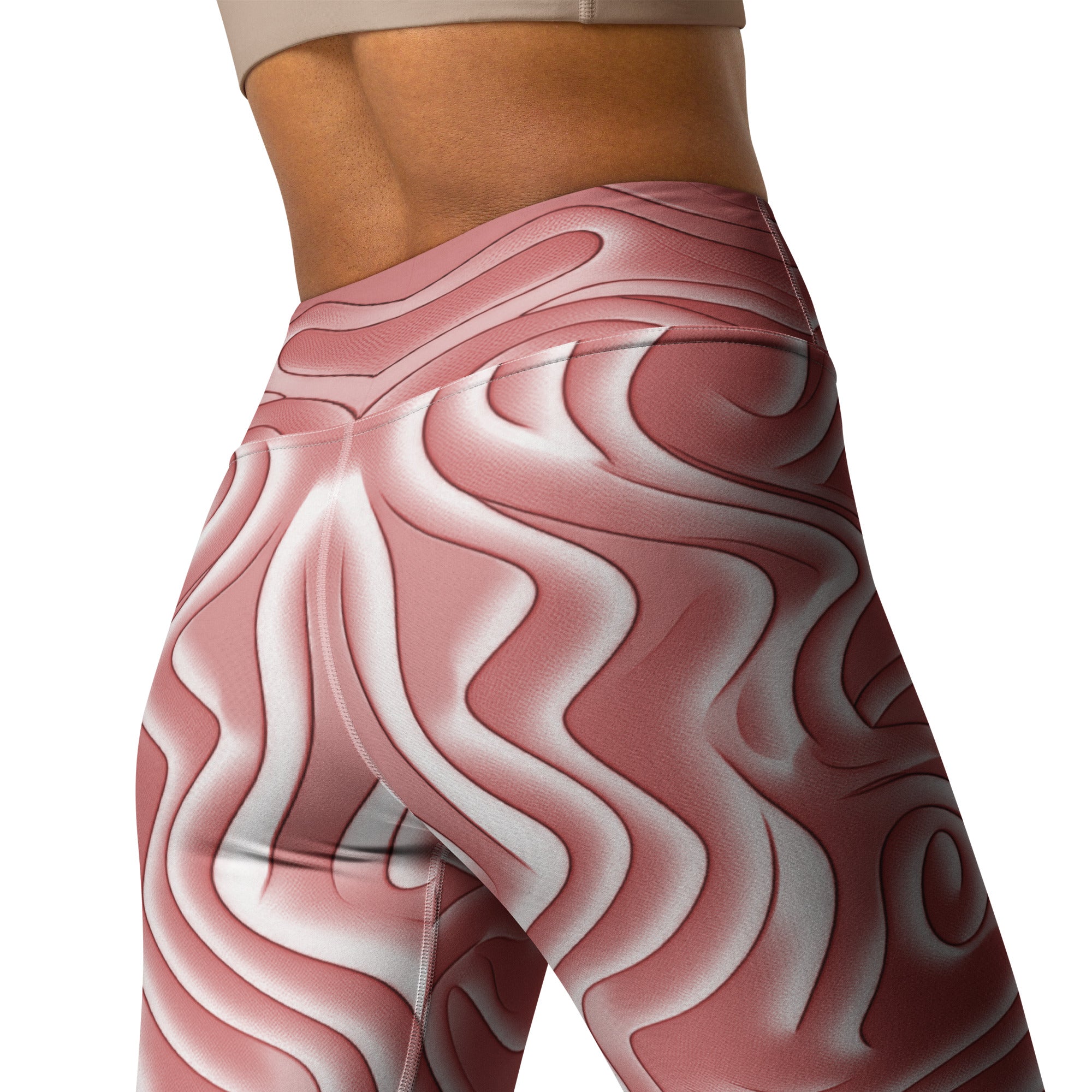 Model wearing Oceanic Rhythm All-Over Print Yoga Leggings while stretching.