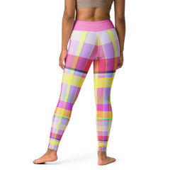 Colorful and stretchy yoga leggings featuring a full rainbow spectrum for a lively workout.