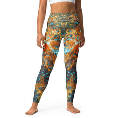 Woman wearing vibrant sparkly yoga leggings.