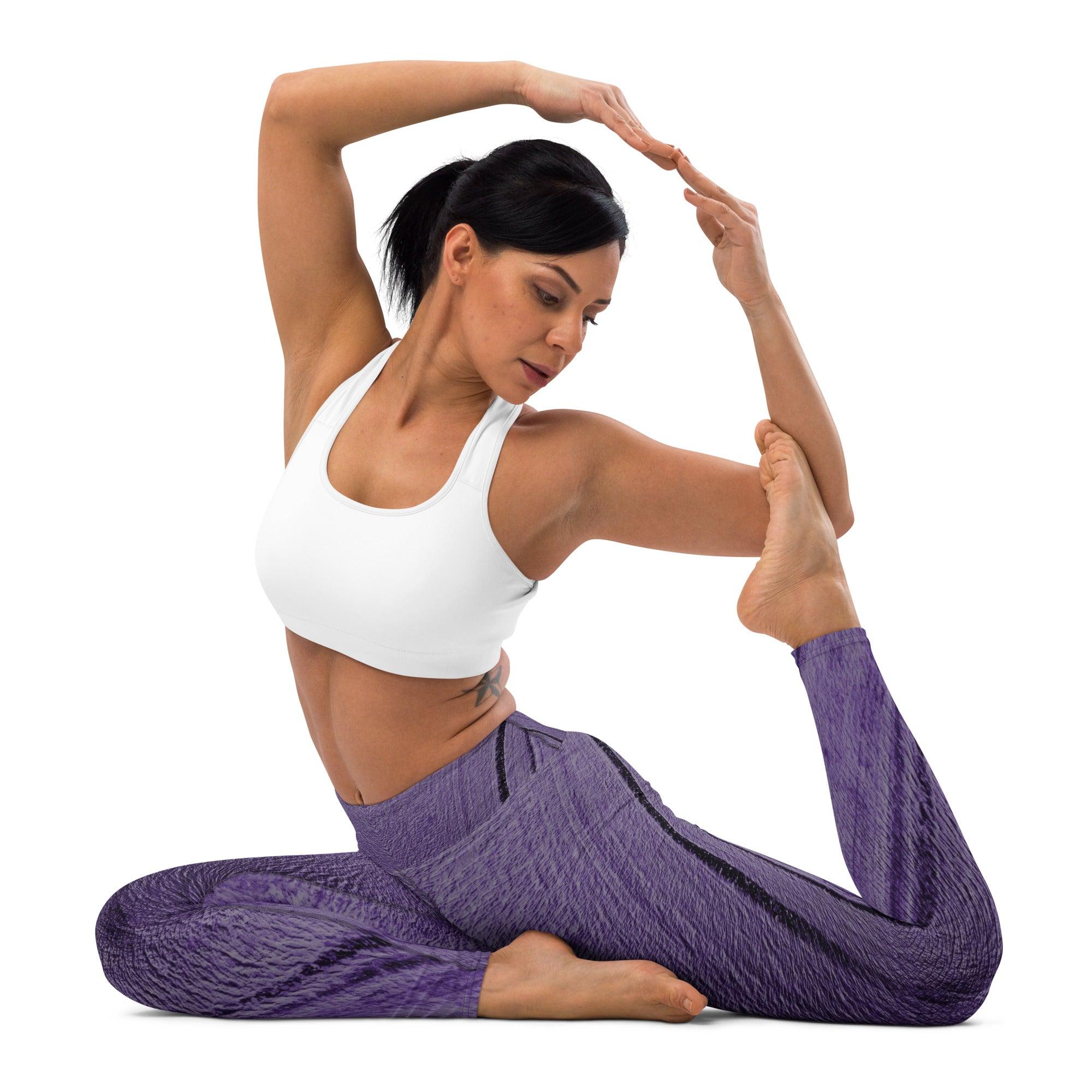 Purple Lines Yoga Leggings on white background.