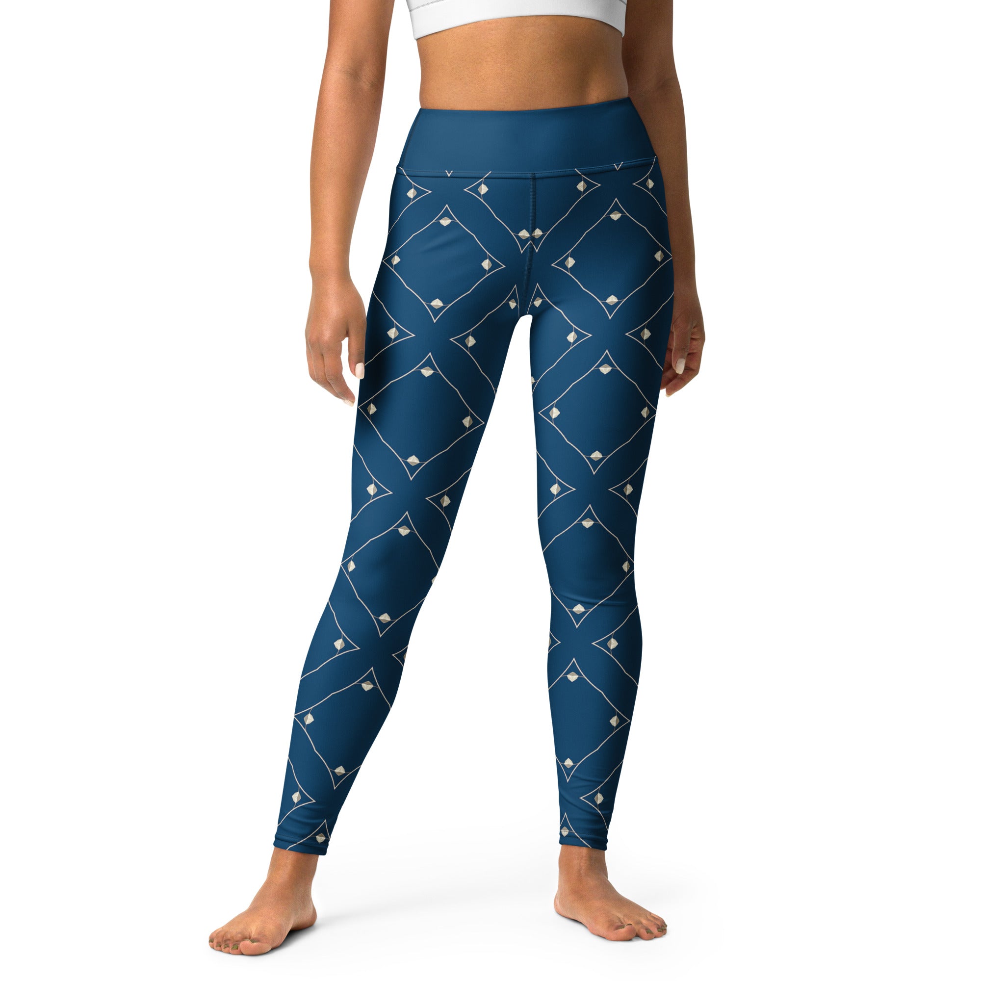Mystic Mirage Yoga Leggings with colorful pattern on display.