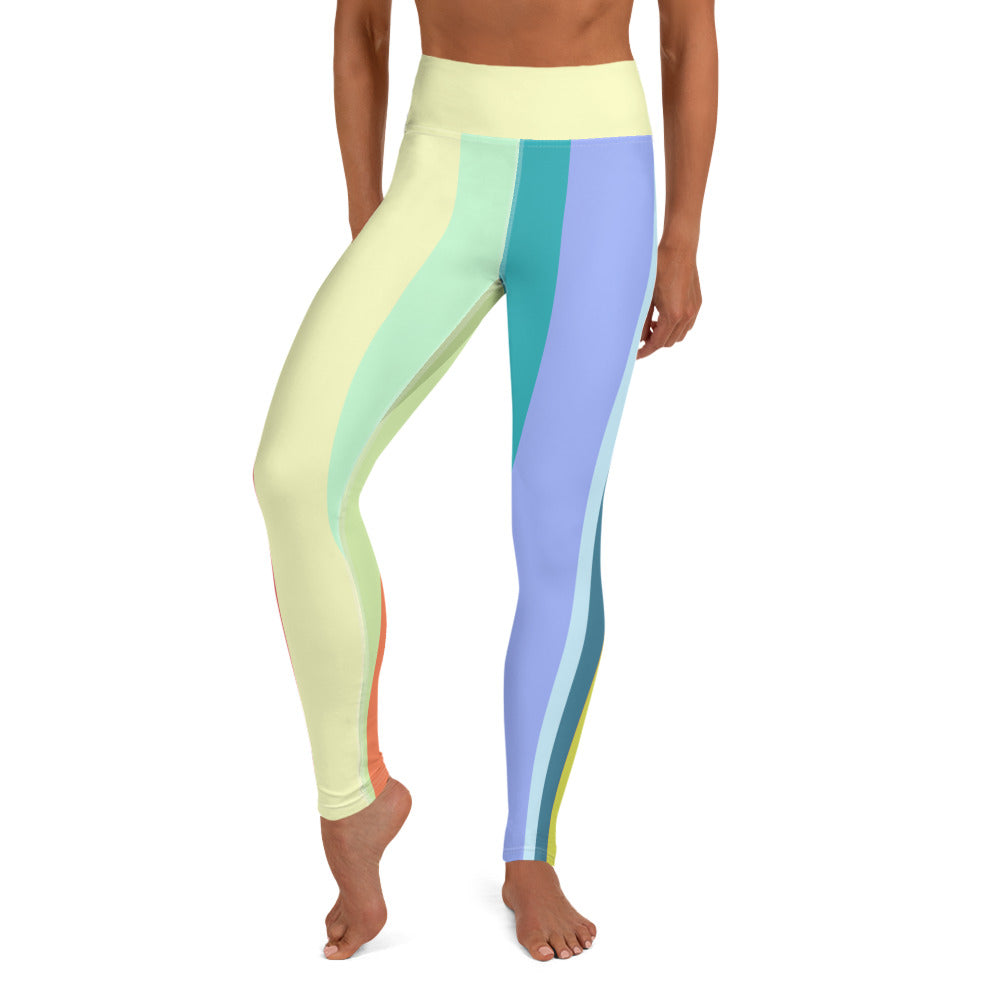 Close-up of Aqua Zephyr striped yoga leggings fabric and pattern.