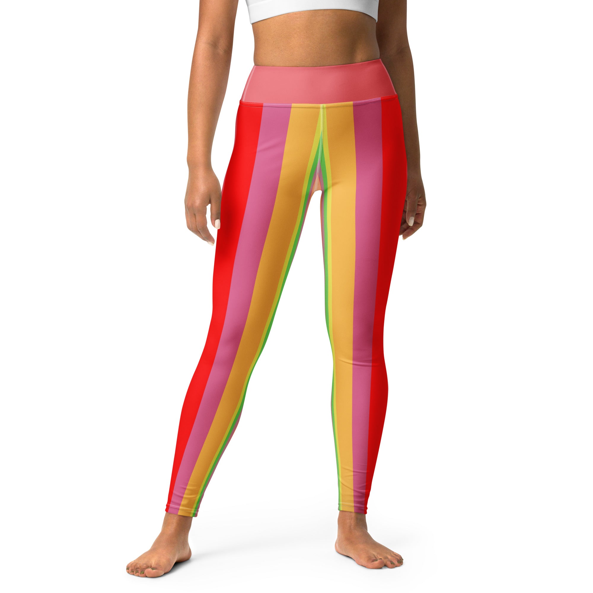 Bright, cheerful yoga leggings featuring a cascading rainbow design for style and comfort.