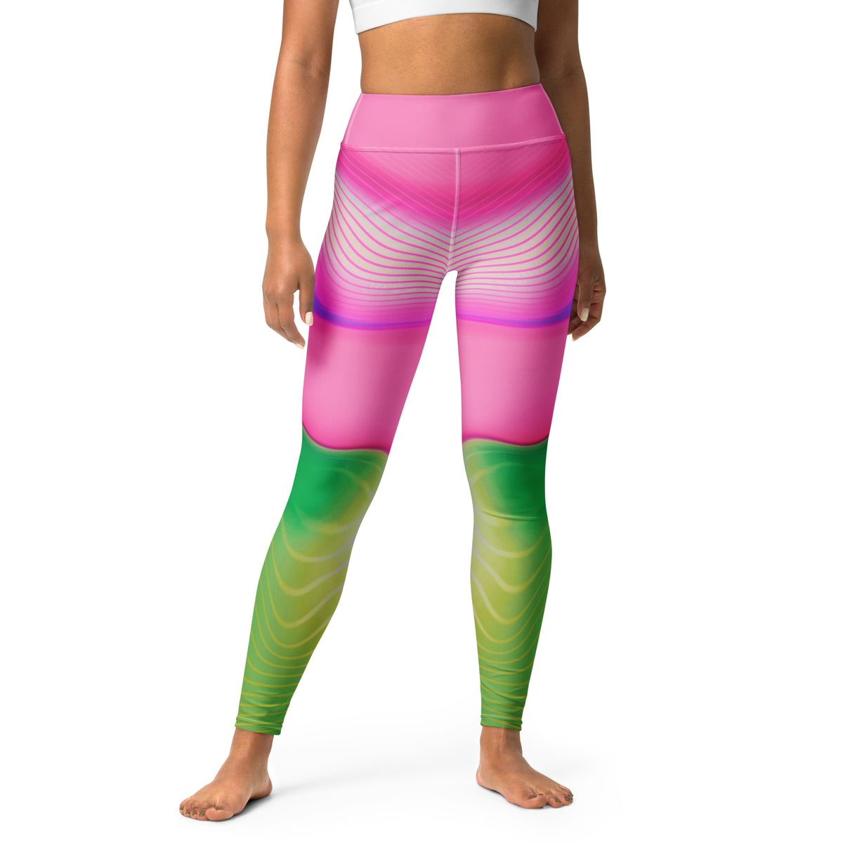 Engaging in a balanced yoga pose with Harmony Wave Wavy Gradient Leggings.