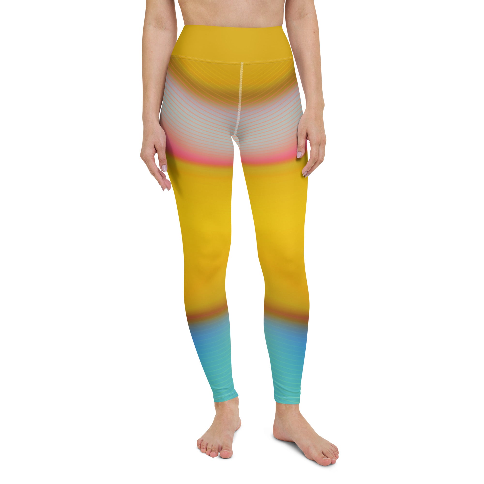 Outdoor yoga session made vibrant by wearing Harmony Wave Gradient Leggings.