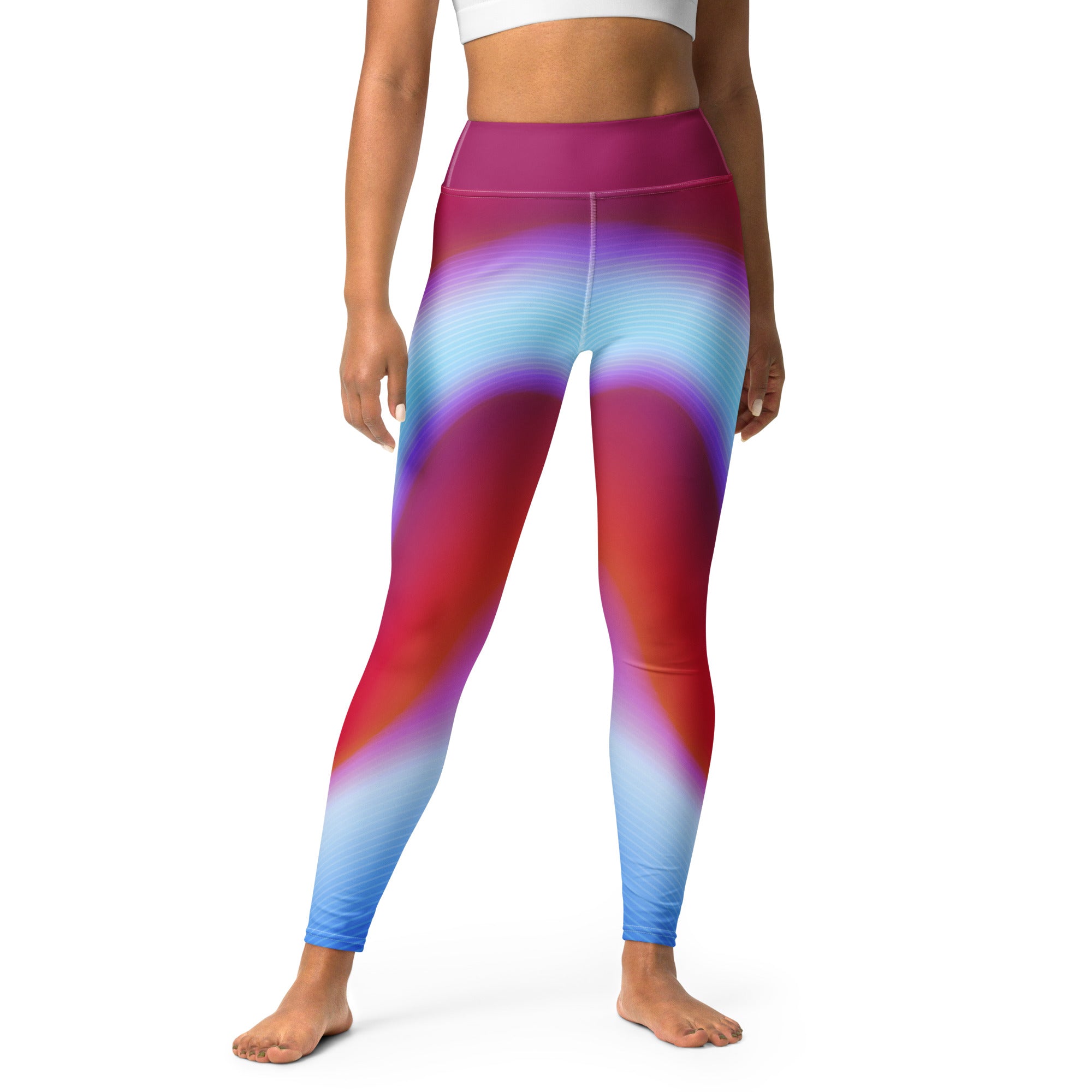 Experiencing a yoga session enhanced by the glow of Sunset Wave Yoga Leggings.