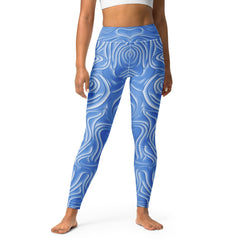 Model wearing Electric Dreams All-Over Print Yoga Leggings while stretching.