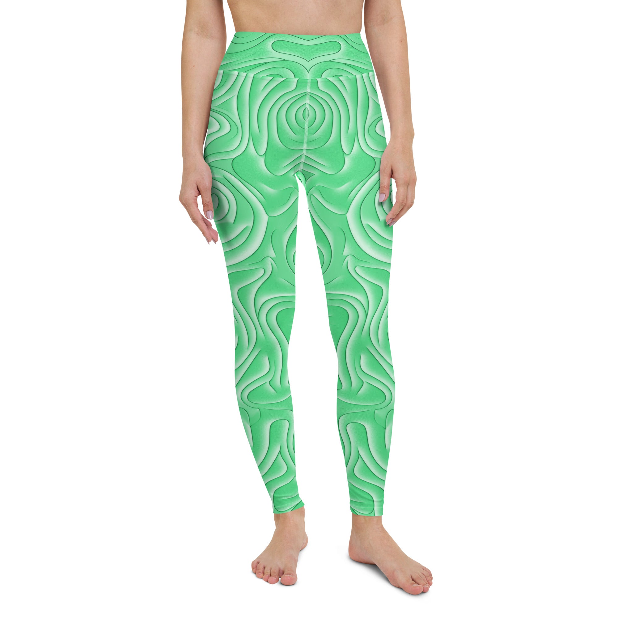 Model wearing Vibrant Vibes All-Over Print Yoga Leggings while stretching