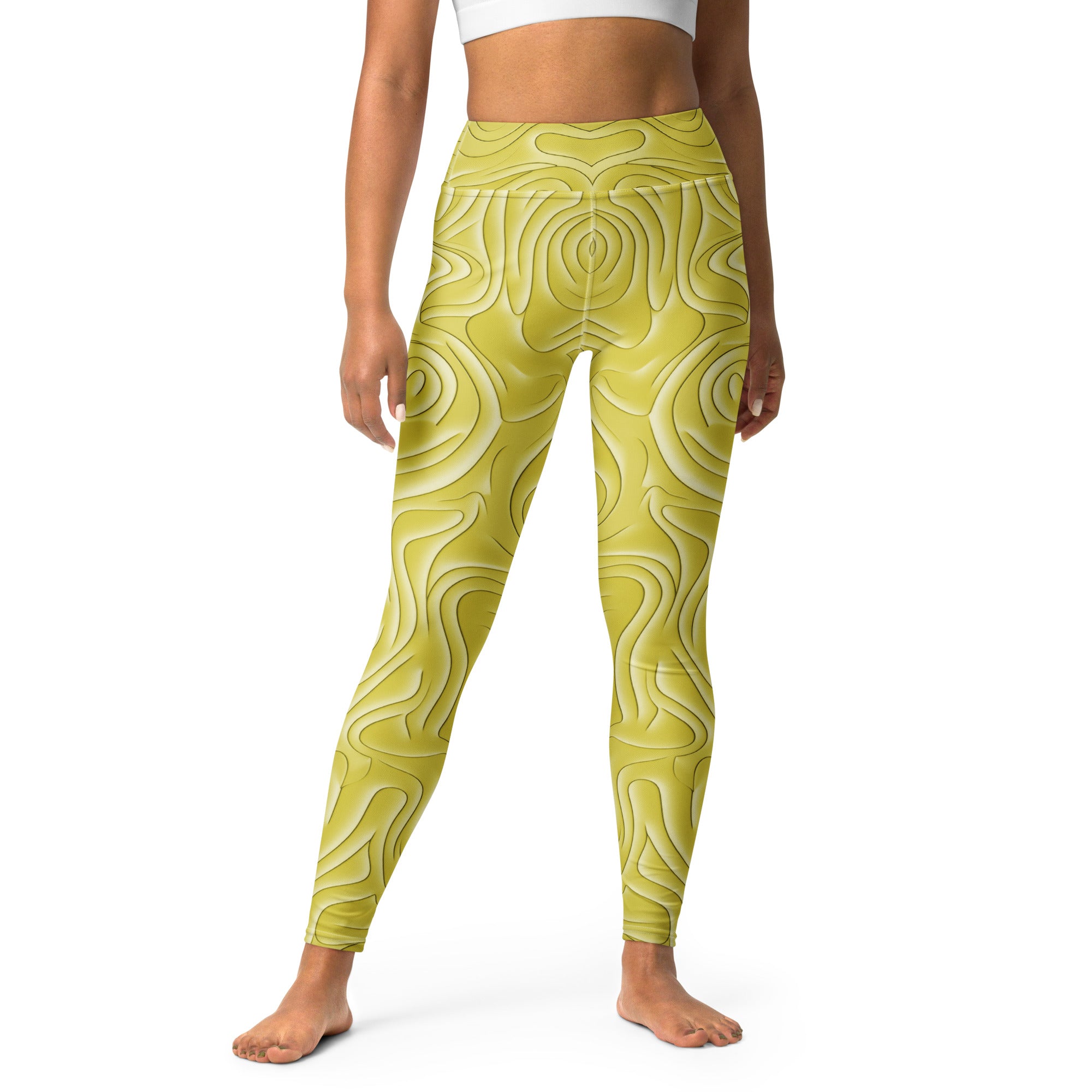 Model wearing Psychedelic Swirl All-Over Print Yoga Leggings.
