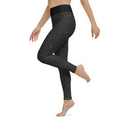 Lotus Blossom Yoga Leggings flat lay with yoga mat and water bottle.