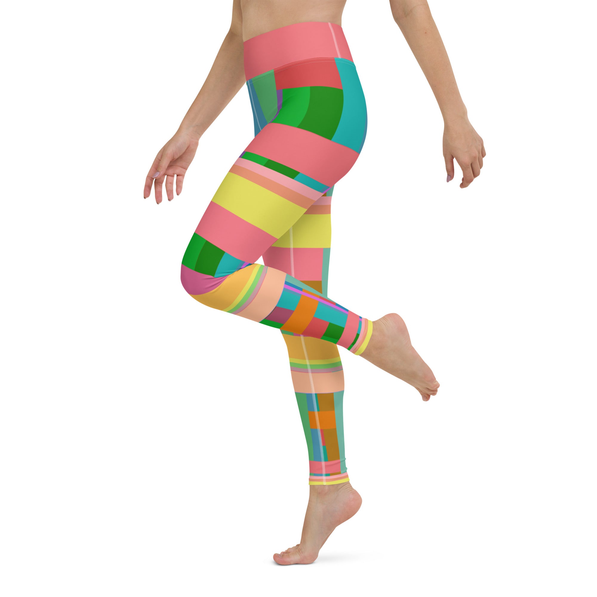 High-quality yoga leggings with a vibrant sunset print, blending comfort with inspirational design.