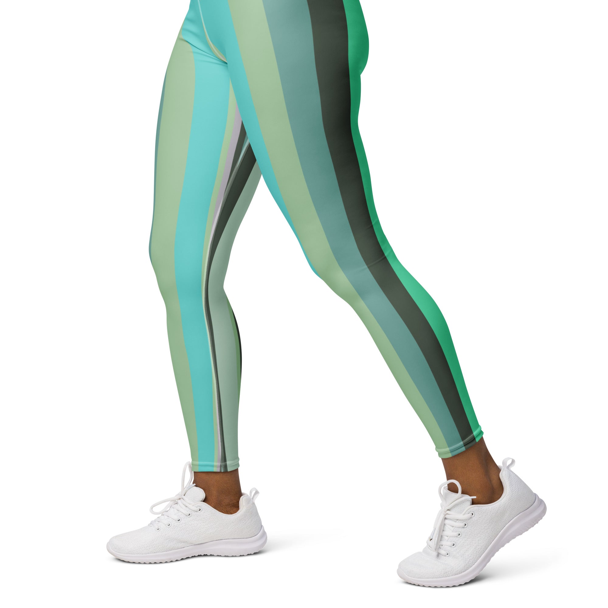 Soft and stretchable yoga leggings with a unique colorful boxed stripe design, inspired by the harmony of the cosmos.