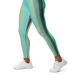 Soft and stretchable yoga leggings with a unique colorful boxed stripe design, inspired by the harmony of the cosmos.