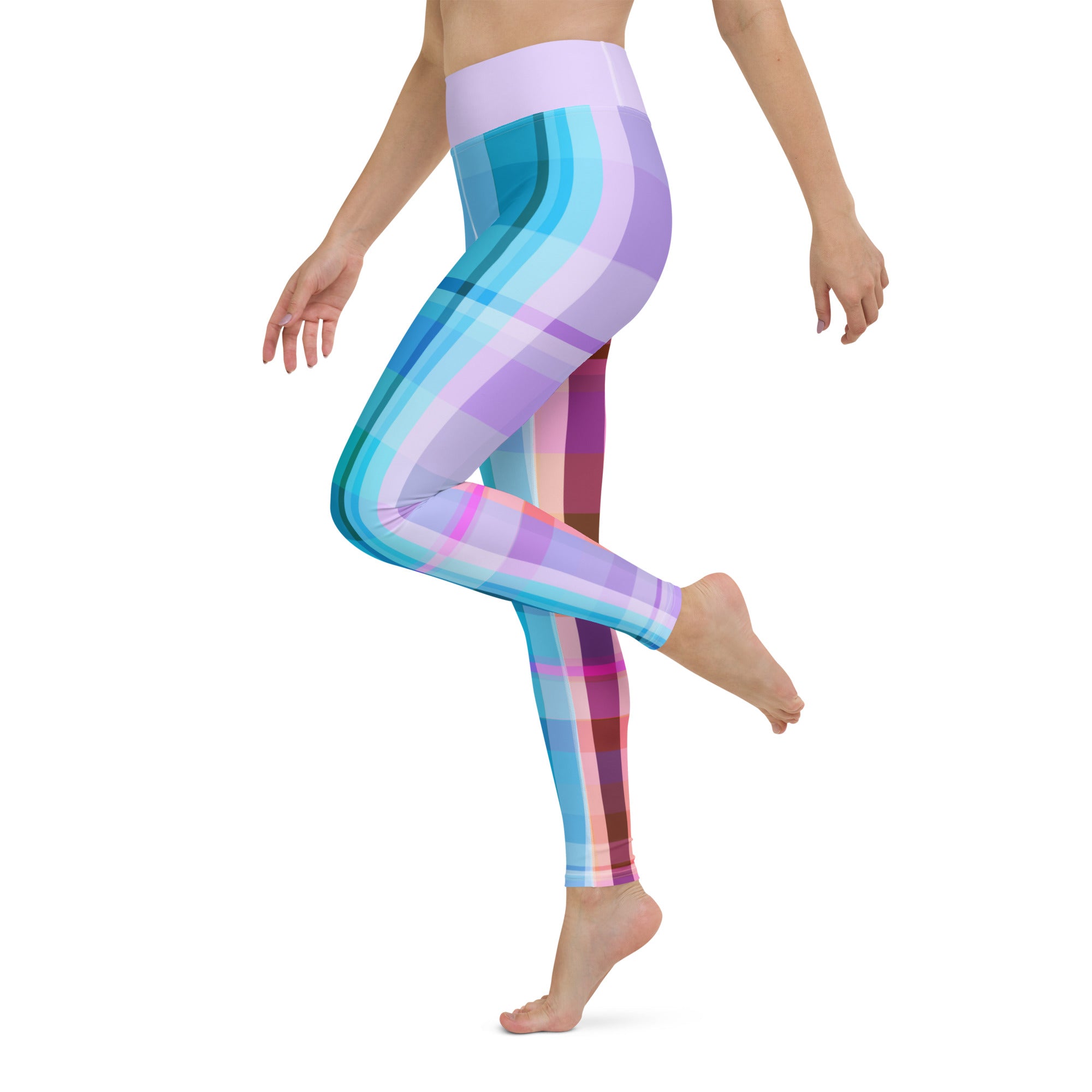 Stretchable Retro Rainbow Blast leggings, perfect for yoga, pilates, and any fitness enthusiast looking for a splash of color.
