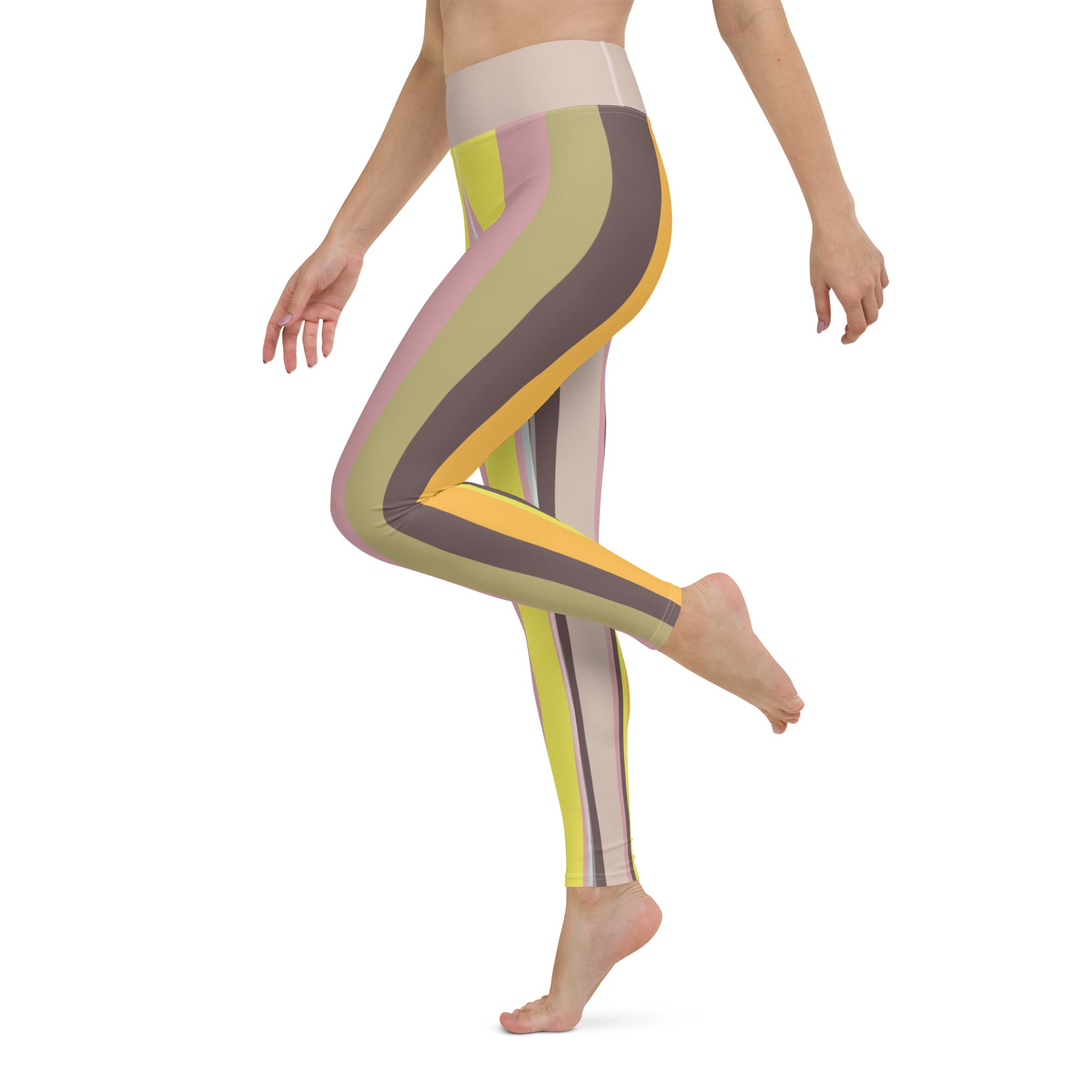 Colorful and comfortable yoga leggings adorned with exotic tropical patterns, bringing paradise to your practice.