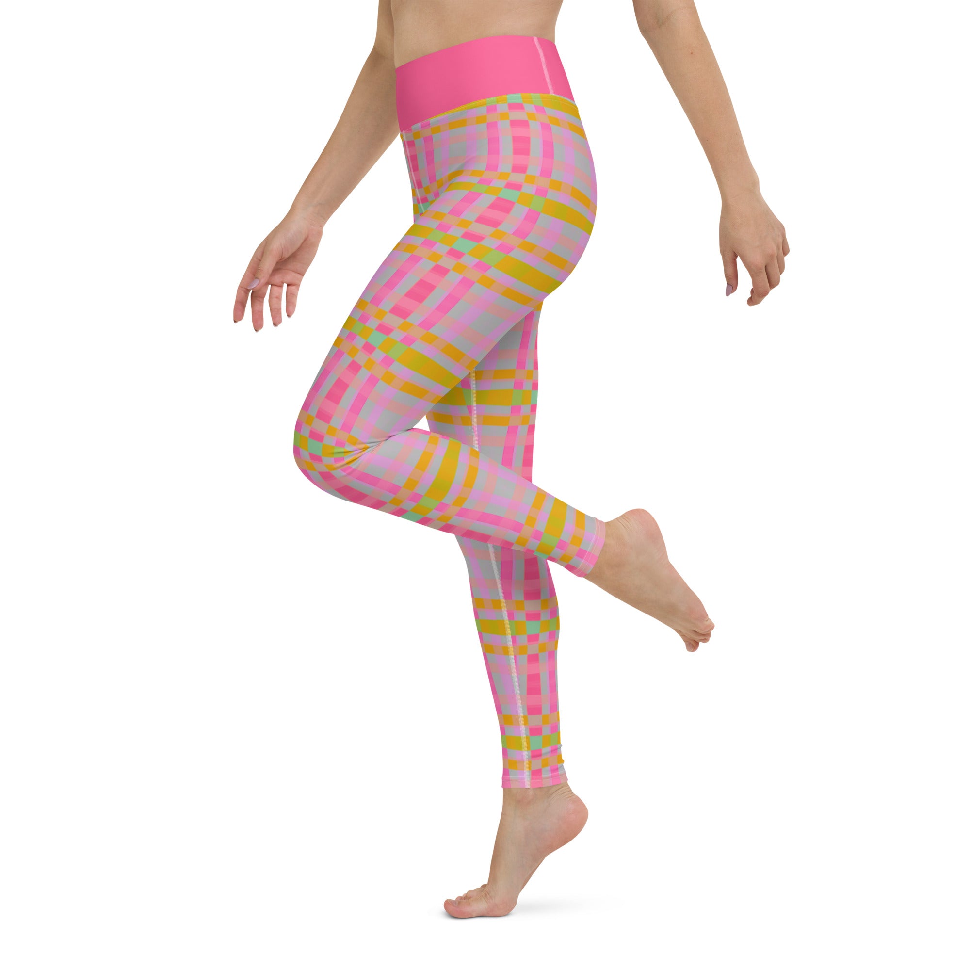 Woman wearing Serenity Grid Box Stripe Yoga Leggings in yoga pose