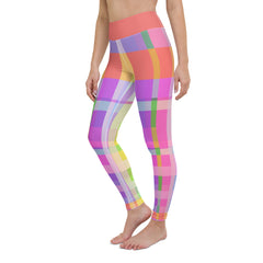 Eco-friendly yoga leggings with a bold, colorful geometric maze, combining fashion with sustainability.