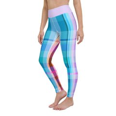 Soft, eco-friendly yoga leggings with a unique retro rainbow pattern, combining sustainability with vintage style.