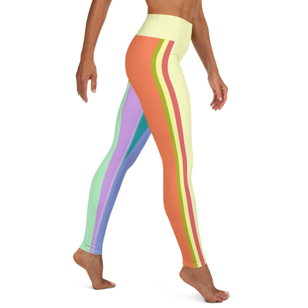 Aqua Zephyr striped yoga leggings on white background.