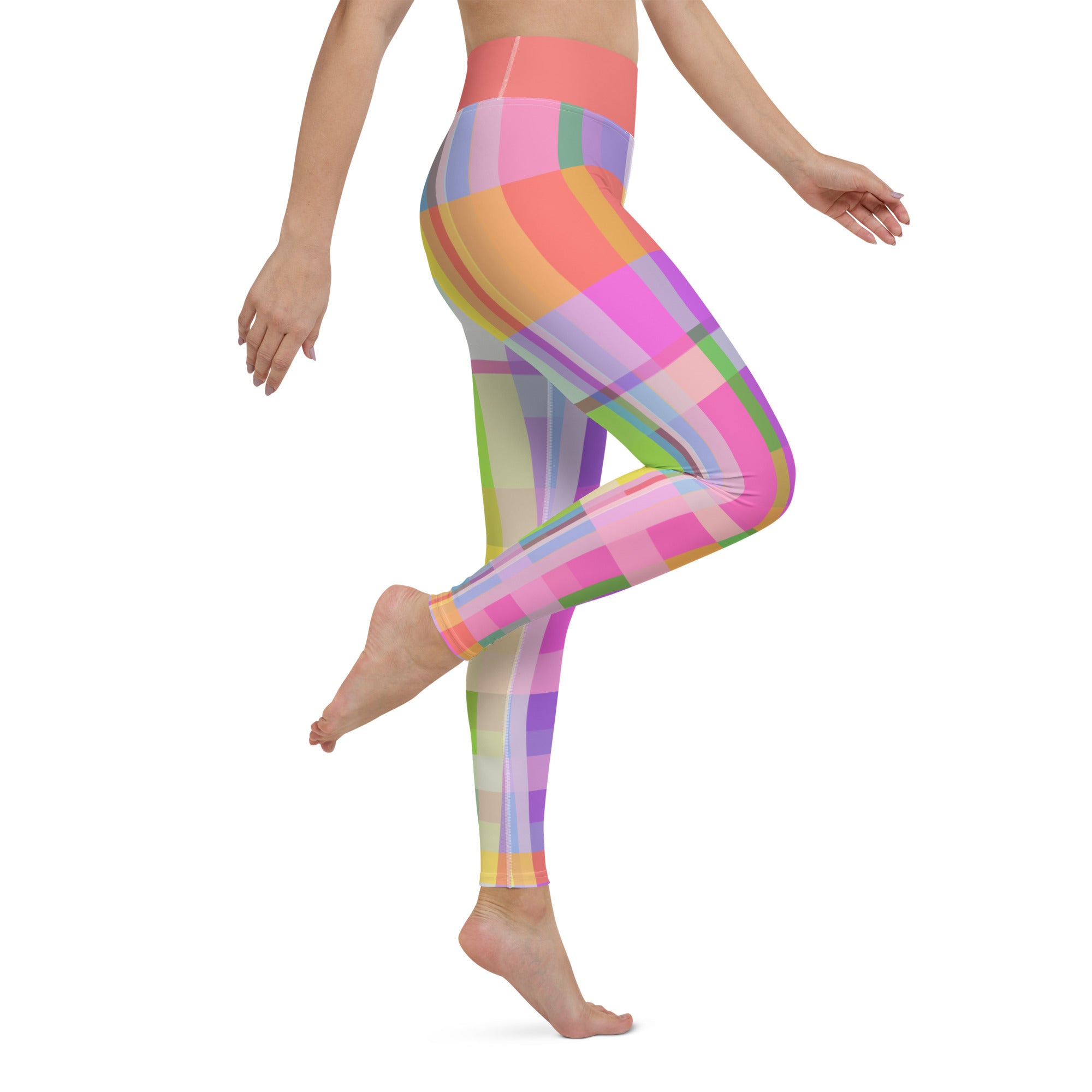 High-performance leggings designed with a colorful geometric maze, offering flexibility for all yoga poses.