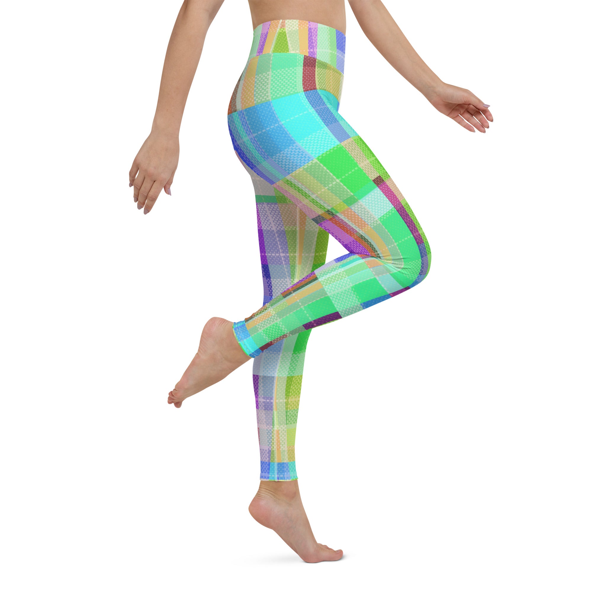 Woman wearing Distressed Denim Yoga Leggings in a dynamic yoga pose.