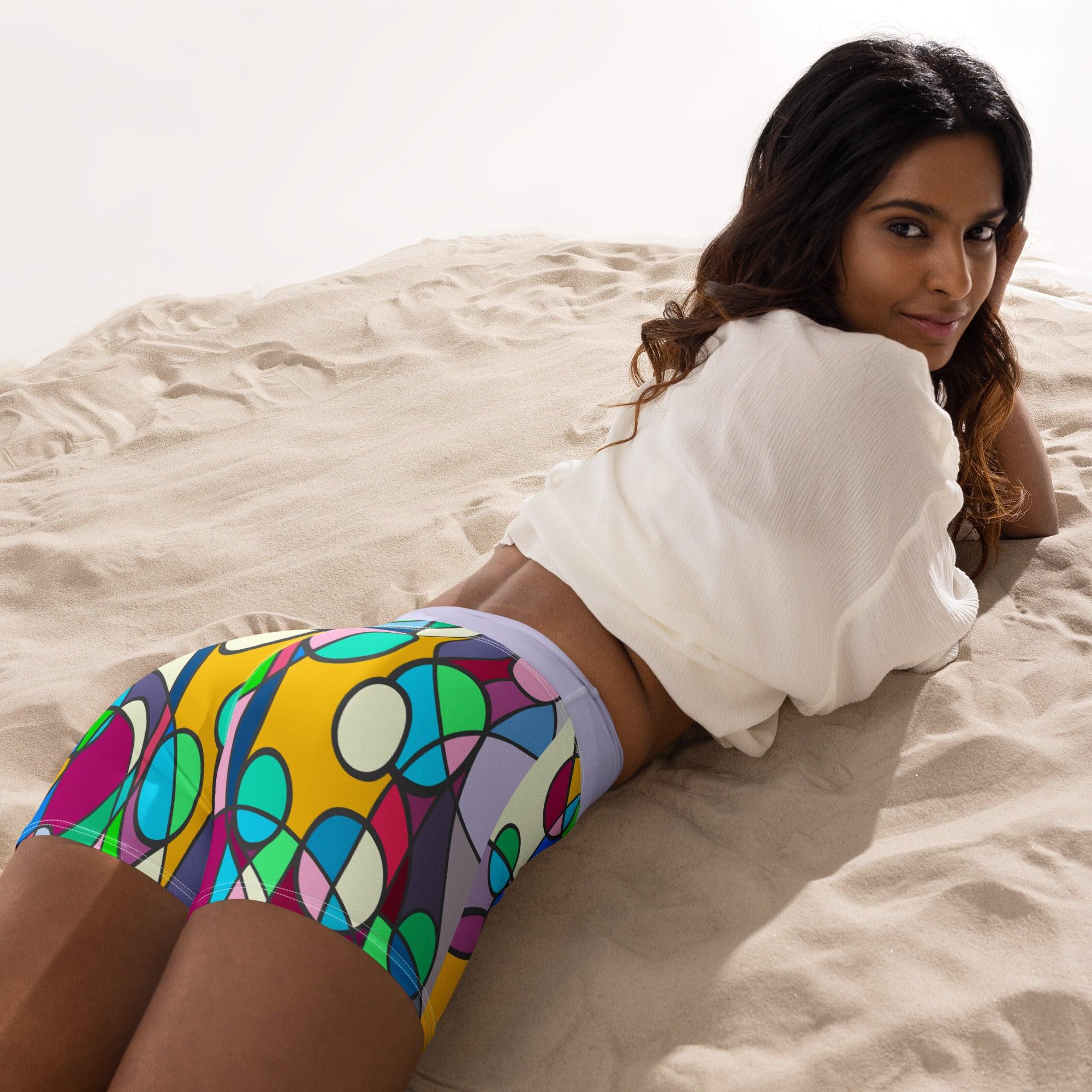 Colorful Passion II Yoga Shorts on white background.