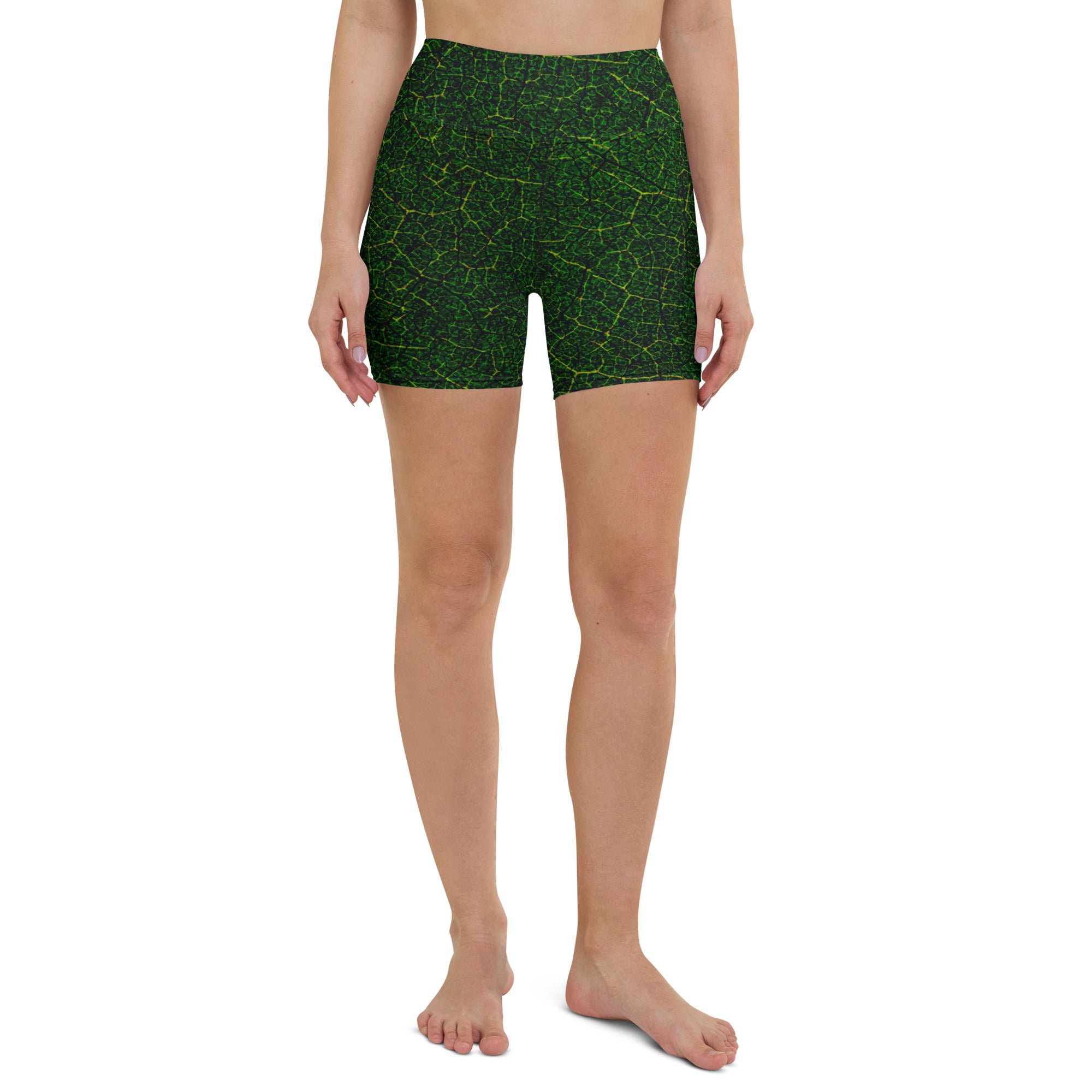 Close-up of Forest Serenity Yoga Shorts, emphasizing their soft fabric and serene forest pattern, ideal for a focused yoga practice.