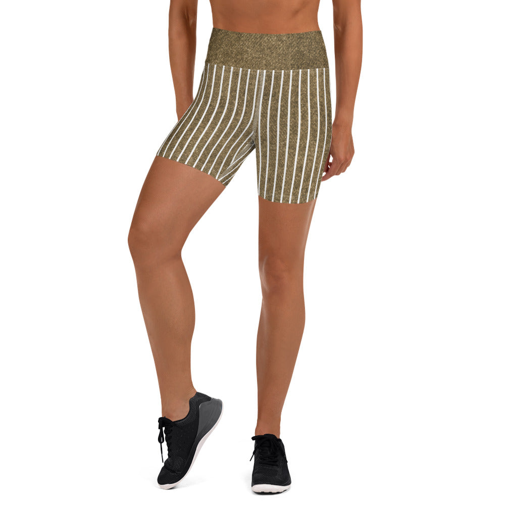 Urban Denim Fusion Yoga Shorts on a cityscape background, blending street style with yoga flexibility.