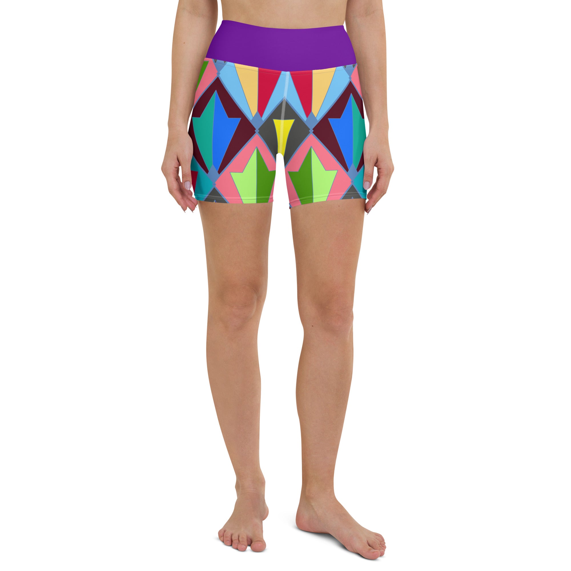 Model wearing Ethereal Harmony All-Over Print Yoga Shorts during yoga.