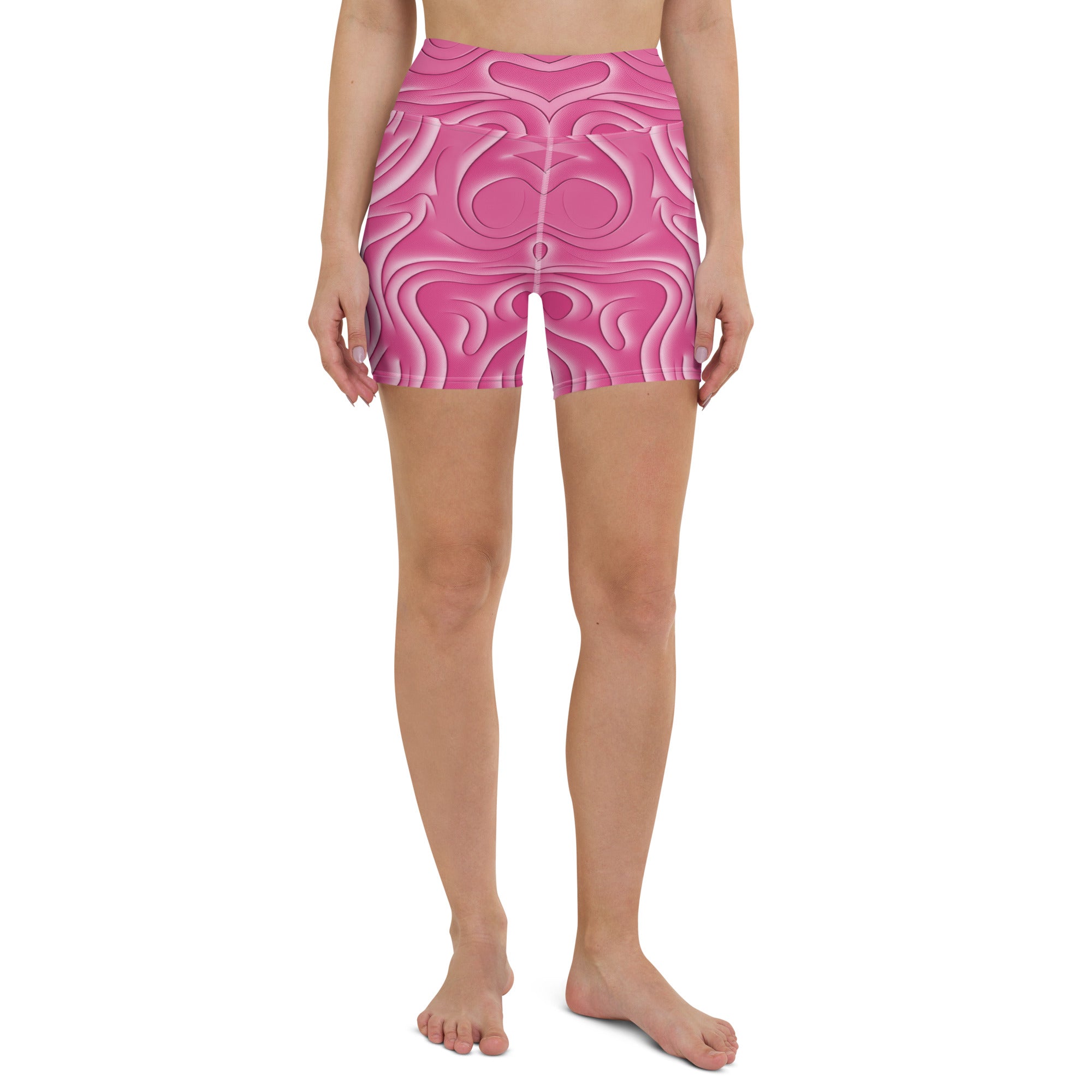 Tropical Tempest All-Over Print Yoga Shorts on a clothing mannequin.