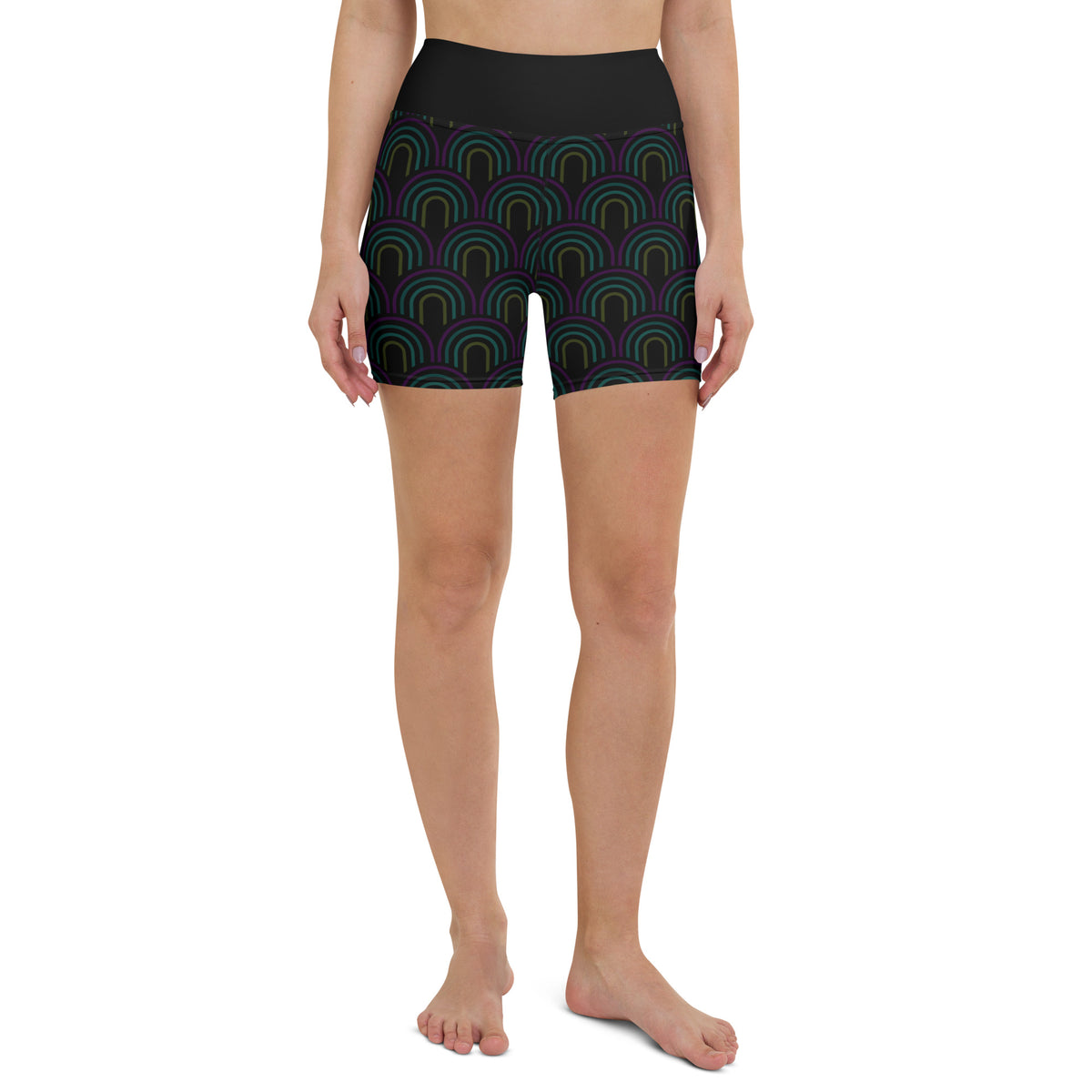 Close-up of the Abstract Waves pattern on yoga shorts