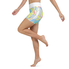 Rear view of Colorful Passion III yoga shorts on a model.