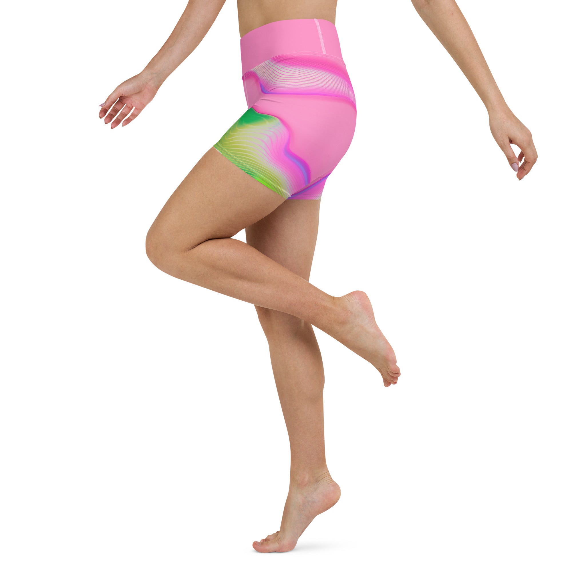 Cooling down after yoga in the visually striking Cosmic Current Wavy Gradient Shorts.