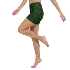 Woman meditating in Forest Serenity Yoga Shorts, illustrating their support for a tranquil and mindful yoga experience.