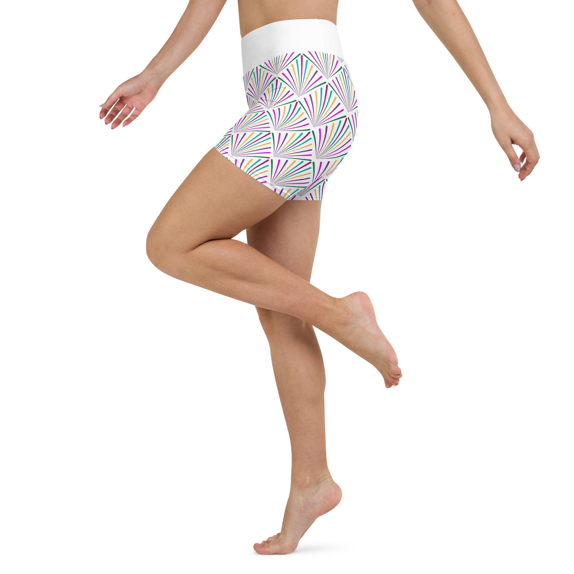 Detailed view of Pop Art print on yoga shorts